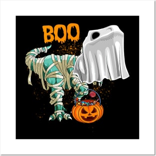 Ghost Dinosaur T-rex Funny Boo Halloween Boys Men Pumpkin Shirt Posters and Art